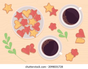 Cookies for Valentine flat color vector illustration. Plate with treats and two cups of fresh coffeee. Espresso in mugs. Top view 2D cartoon illustration with desktop on background collection