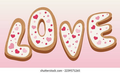 Cookies for valentine's day. The word love. Cute cookies with icing and hearts for the holiday. Suitable for backgrounds, wallpapers, stationery, postcards, various prints. Declaration of love. Valent
