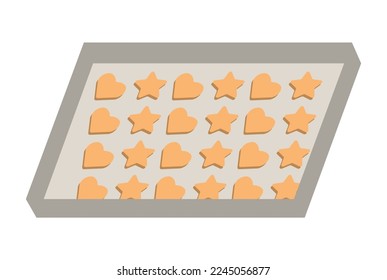 Cookies of various shapes on baking sheet. Home baking and making desserts. Vector illustration isolated design