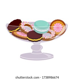 Cookies in a vase. Confectionery and breakfast. Miscellaneous macaroon cookies, chocolate cookies, donuts. Vector illustration of cartoon cookies isolated on white background.