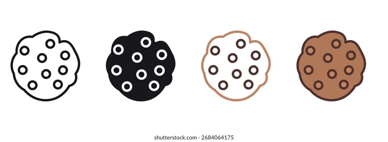 Iconos del vector de las galletas. Cuatro galletas en diferentes estilos y colores, Ilustración vectorial.