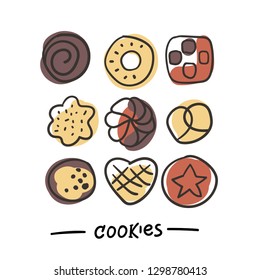 Cookies vector illustration. Types of different sweets. Great poster for nursery or child t-shirt with words cookies