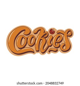 Cookies, volume 3d hand lettering. Light beige letters and dark brown chocolate cookie. Logo for products, stickers, cards, packages. Digital vector illustration