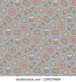 Cookies wallpaper. Seamless pattern with croissants, cupcakes and donuts. Decoration for kitchen or café interior.