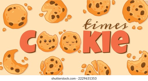 Cookies word concept. Poster or banner for website. Dessert and delicacy, flour products with chocolate pieces, sweets. Advertising and modern marketing methods. Cartoon flat vector illustration