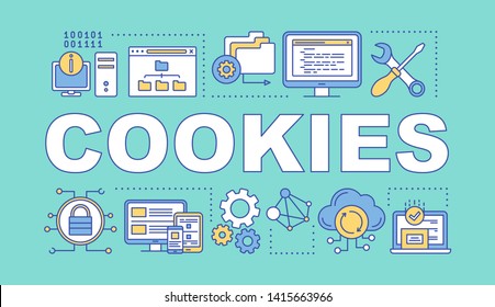 Cookies word concepts banner. Affiliate and referral tracking software. Computing, data storage. Presentation, website. Isolated lettering typography idea, linear icons. Vector outline illustration