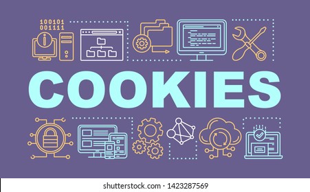 Cookies word concepts banner. Affiliate and referral tracking software. Computing, data storage. Presentation, website. Isolated lettering typography idea, linear icons. Vector outline illustration