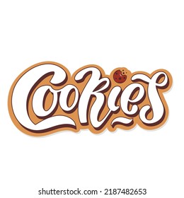 Cookies,logo white handwritten letters digital vector illustration of brown cookies on the white background. Texture. The illustration is for the cookie packaging banner cards poster. Dessert.