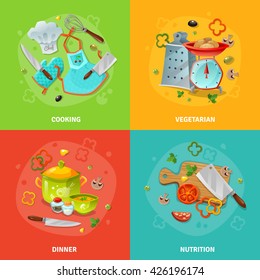 Cooking 2x2 design concept set of chef clothes and tools kitchen utensil with scales  and grater and dining table composition flat vector illustration