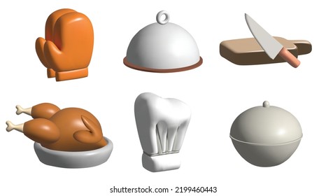 cooking 3d icon set with chef hat, cooking gloves, cutter board, frying hen 3d illustration.