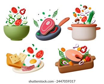 Cooking 3d scenes. Realistic food, kitchenware and pot. Fresh salad, breakfast, dinner and lunch meals. Flying meat, fish and vegetables pithy vector set