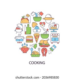 Cooking abstract color concept layout with headline. Recipe for lunch with ingredients. Serve dish in restaurant. Culinary creative idea. Isolated vector filled contour icons for web background