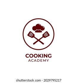 Cooking academy logo template, chef school course logo icon with spatula and chef hat