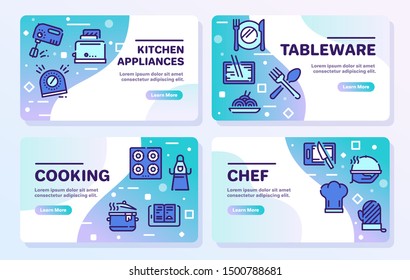 Cooking accessories blue color linear icons set. Kitchen utensils thin line contour symbols. Cook equipment, culinary tools. Chef hat, recipe book and crockery isolated vector outline illustrations