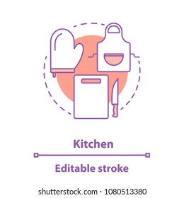 Cooking accessories concept icon. Kitchen equipment idea thin line illustration. Apron, oven mitt and cutting board with knife. Vector isolated outline drawing. Editable stroke