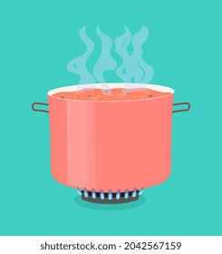 Cooking accessories concept. Saucepan with open lid on fire. Cooking soup. Design for stickers, social networks and icons. Cartoon contemporary flat vector illustration isolated on blue background