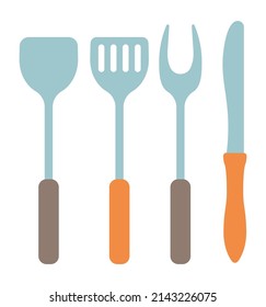 Cooking accessories and cutlery, isolated fork and spatula for frying, kitchen knife. Kitchenware and equipment for preparing food and dishes. Breakfast and dinner serving, vector in flat style