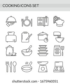 Cooking accessories, kitchen equipment, utensil and cutlery simple line outline icons set