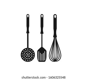 cooking accessories set icon, Black kitchenware on white background. Household concept.