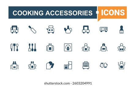 Cooking Accessories simple icon set. Containing food, tool, equipment, cooking and more. Kitchen Accessory line icon. Minimal icons set. Solid line editable stroke. Vector line and solid icons.