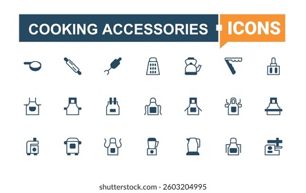 Cooking Accessories simple icon set. Containing food, tool, equipment, cooking and more. Kitchen Accessory line icon. Minimal icons set. Solid line editable stroke. Vector line and solid icons.