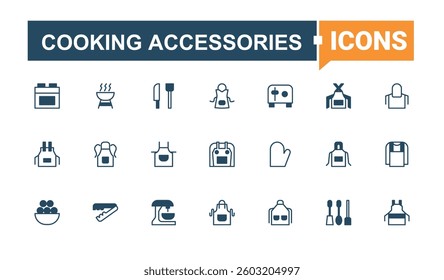 Cooking Accessories simple icon set. Containing food, tool, equipment, cooking and more. Kitchen Accessory line icon. Minimal icons set. Solid line editable stroke. Vector line and solid icons.