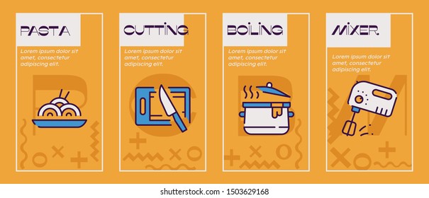 Cooking accessories yellow color linear icons set. Kitchen utensils thin line contour symbols. Cook equipment, culinary tools. Chef hat, recipe book and crockery isolated vector outline illustrations