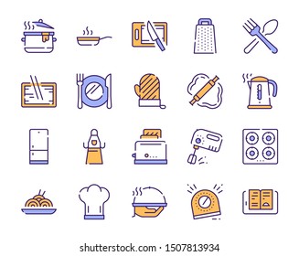 Cooking accessories yellow color linear icons set. Kitchen utensils thin line contour symbols. Cook equipment, culinary tools. Chef hat, recipe book and crockery isolated vector outline illustrations