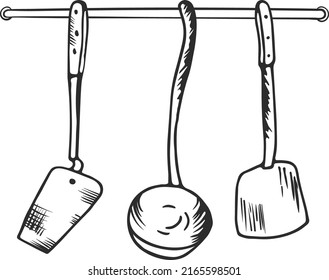 Cooking accessory sketch. Kitchen tool hanging on wall