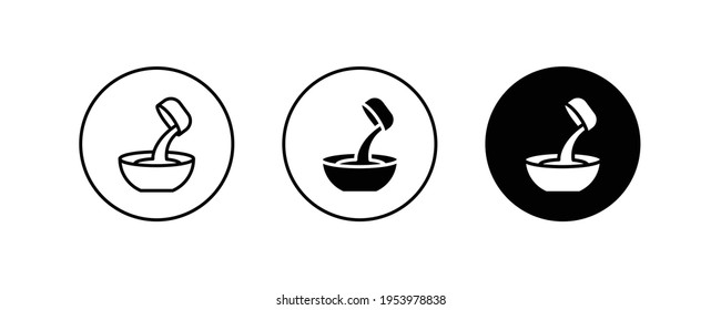 Cooking add water icon. Bowl with a measuring glass with added water icons button, vector, sign, symbol, logo, illustration, editable stroke, flat design style isolated on white linear pictogram