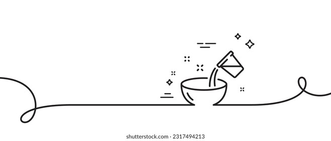 Cooking add water line icon. Continuous one line with curl. Bowl sign. Food preparation symbol. Cooking water single outline ribbon. Loop curve pattern. Vector