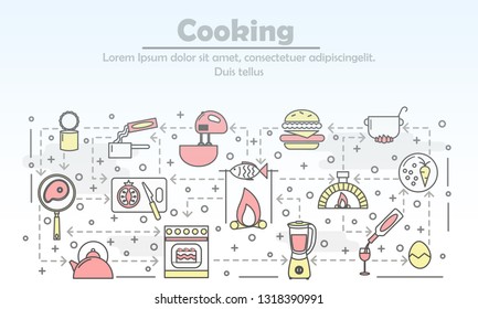 Cooking advertising vector poster banner template. Kitchen appliances, cooking utensils, food, wine thin line art flat style design icons for web banners, printed materials.