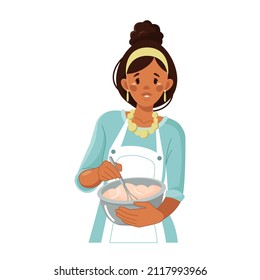 Cooking. An African-American woman kneads dough in a bowl. Chef, mother, housewife cooks according to a new recipe. Hobby. Vector illustration in cartoon style