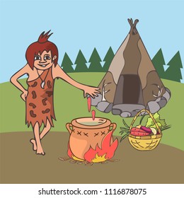 cooking in ancient history cartoon, funny vector cartoon illustration of primitive woman preparing food in clay pot