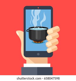 Cooking app, food blog concepts. Hand holding smartphone with hot cooking pot on stove with steam on screen. Mobile phone and boiling water in pan. Modern flat design vector illustration