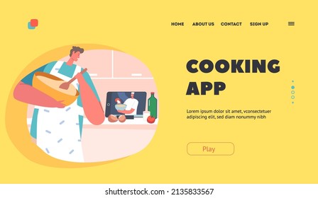Cooking App Landing Page Template. Male Character Watch Tutorial at Video Blog, Man Mixing Dough in Bowl Listen Food Blogger Tell How to Cook a Dish on Laptop. Cartoon People Vector Illustration