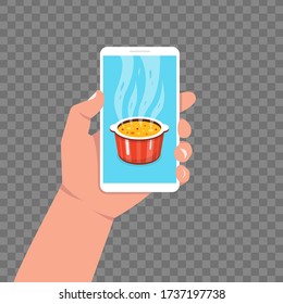 Cooking app on smartphone screen. Cooking soup in pan. Pot on stove with steam. Vector illustration.