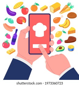 Cooking app on smartphone screen. Food icons set. Vector illustration.