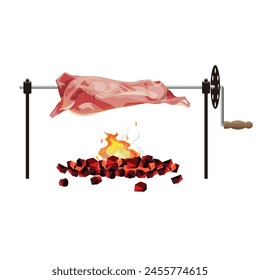 Cooking appliance with a rotating spit for roasting and barbecuing meat. The whole animal carcass of beef, pork or lamb is grilled on coals. Vector illustration isolated on a white background