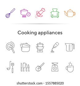 Cooking appliances icons. Set of line icons. Whisk, mixing spoon, toaster. Culinary concept. Vector illustration can be used for topics like restaurant business, cooking