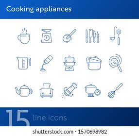 Cooking appliances icons. Set of line icons. Whisk, mixing spoon, toaster. Culinary concept. Vector illustration can be used for topics like restaurant business, cooking