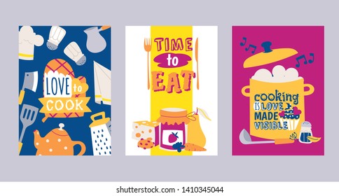 Cooking appliances and restaurant utensil and food set of cards vector illustration. Love to cook. Time to eat. Cooking is love made visible poster, banner. Kettle, coffee pot, salt, grater, ladle.