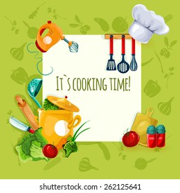 Cooking appliances and restaurant utensil and food background vector illustration