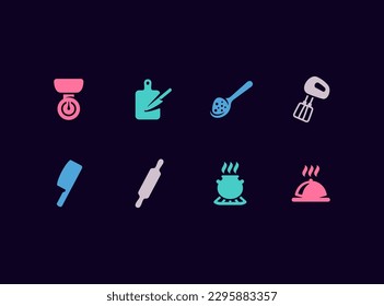 Cooking appliances vector icon set. Kitchen utensils icons. Cooking process signs.