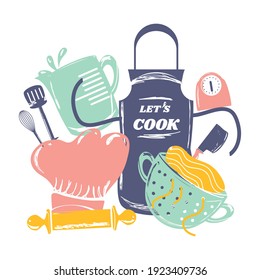 cooking apron chef hat colander and utensils vector illustration sketch style