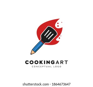 Cooking art pencil with kitchen spatula logo icon symbol vector template