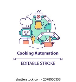 Icono de concepto de automatización de cocina. Tecnología e innovación. Ilustración de línea delgada de idea abstracta de cocina automatizada. Dibujo de contorno aislado. Trazo editable. Fuentes Roboto-Medium, Myriad Pro-Bold utilizadas
