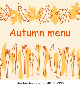 Cooking, autumn menu . Contour Cutlery and autumn leaves Background. Kitchen utensils. Vector illustration