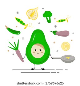 Cooking. Avocado holds a pan of vegetables. Avocado cooks in the kitchen. Creative design for card, banner, poster, sticker, logo, badge. Vector illustration flat cartoon style. 