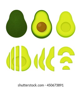 Cooking with avocados vector illustration set. Whole avocado and cut slices isolated on white background.